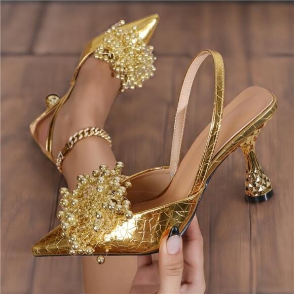 NEW Elegant Golden Beaded & Rhinestone Pointed-Toe Stiletto - Picture 1 of 11
